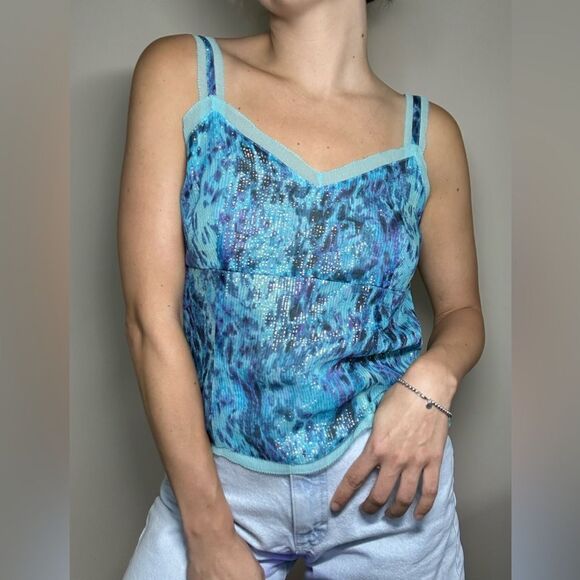 DD Collection Y2K Silk Metallic Mermaid Blue Sexy Slip Blouse Cami Lace - Picture 3 of 12